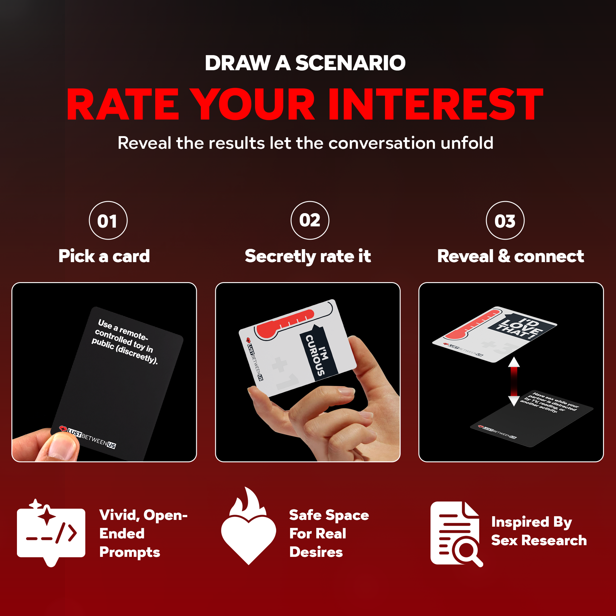 Image of how to play the game. Pick a scenario, choose an interest card, and reveal the result of your secret vote.