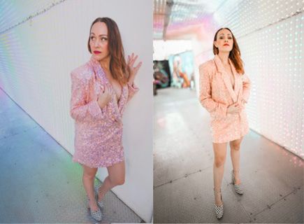 Two images: One of Bethany Hale Pearson standing against a wall and the other of her standing under a neon ceiling.