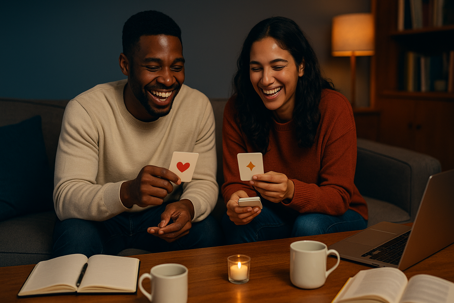 Couple playing a conversation card game during date night