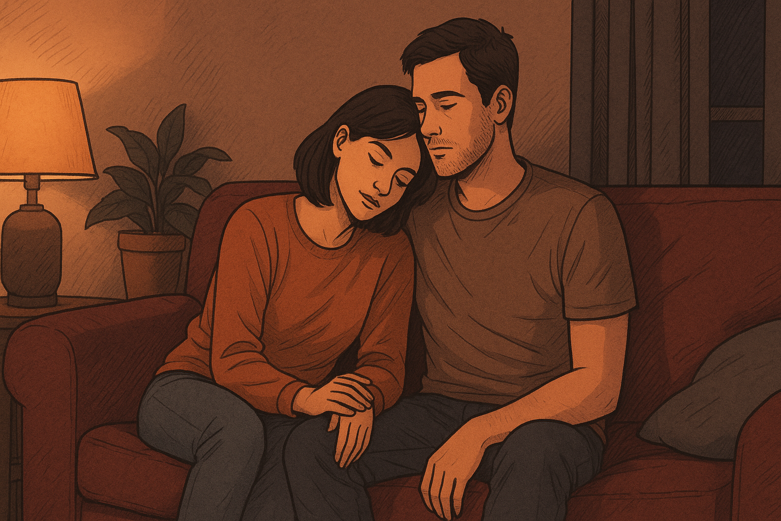 Illustration of a couple sitting on couch exhausted