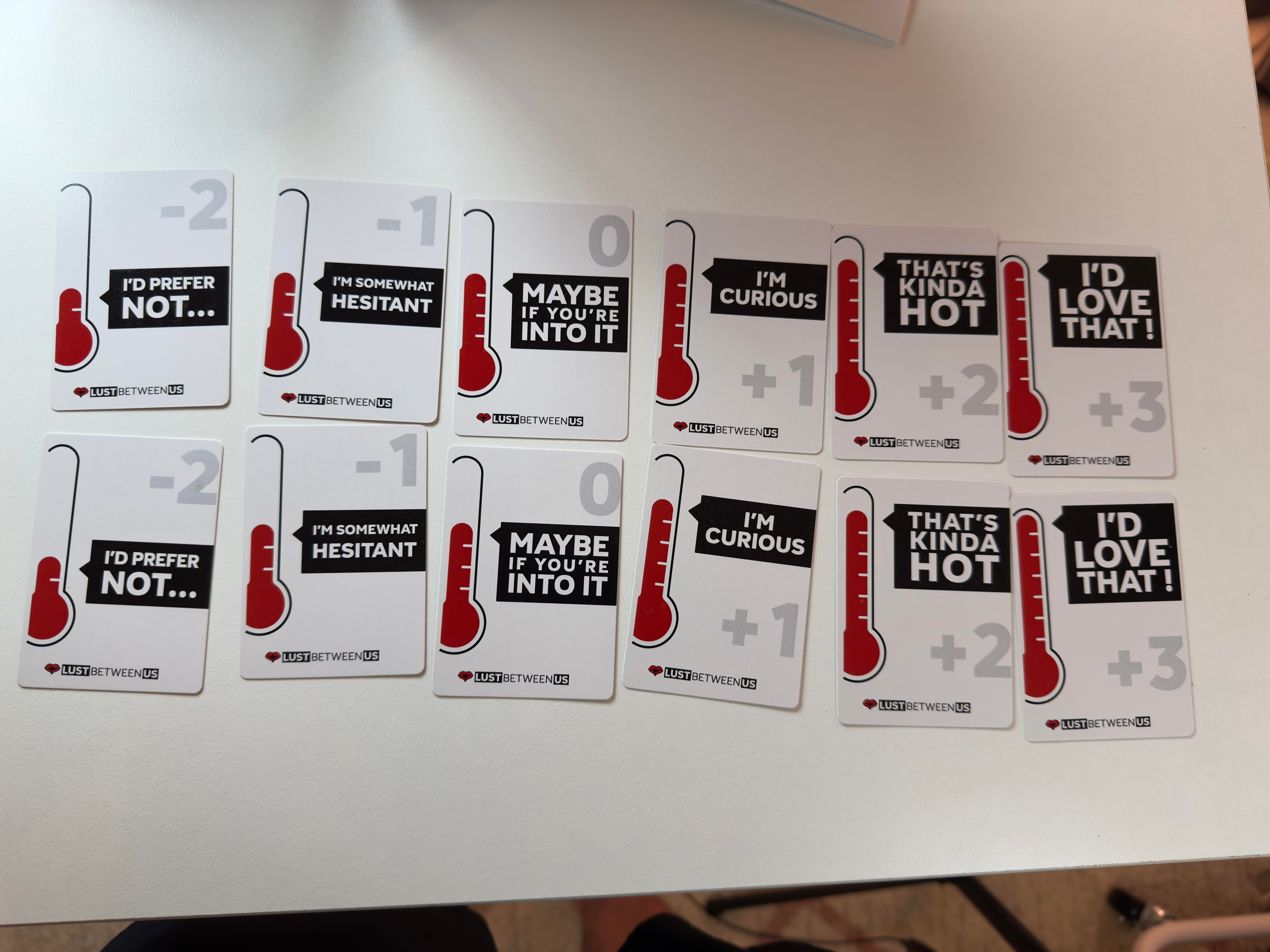 Image of all of the interest cards from the first sample of Lust Between Us