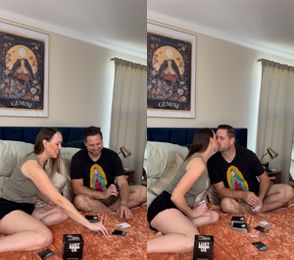 Two images of a couple on a bed playing lust between us and kissing