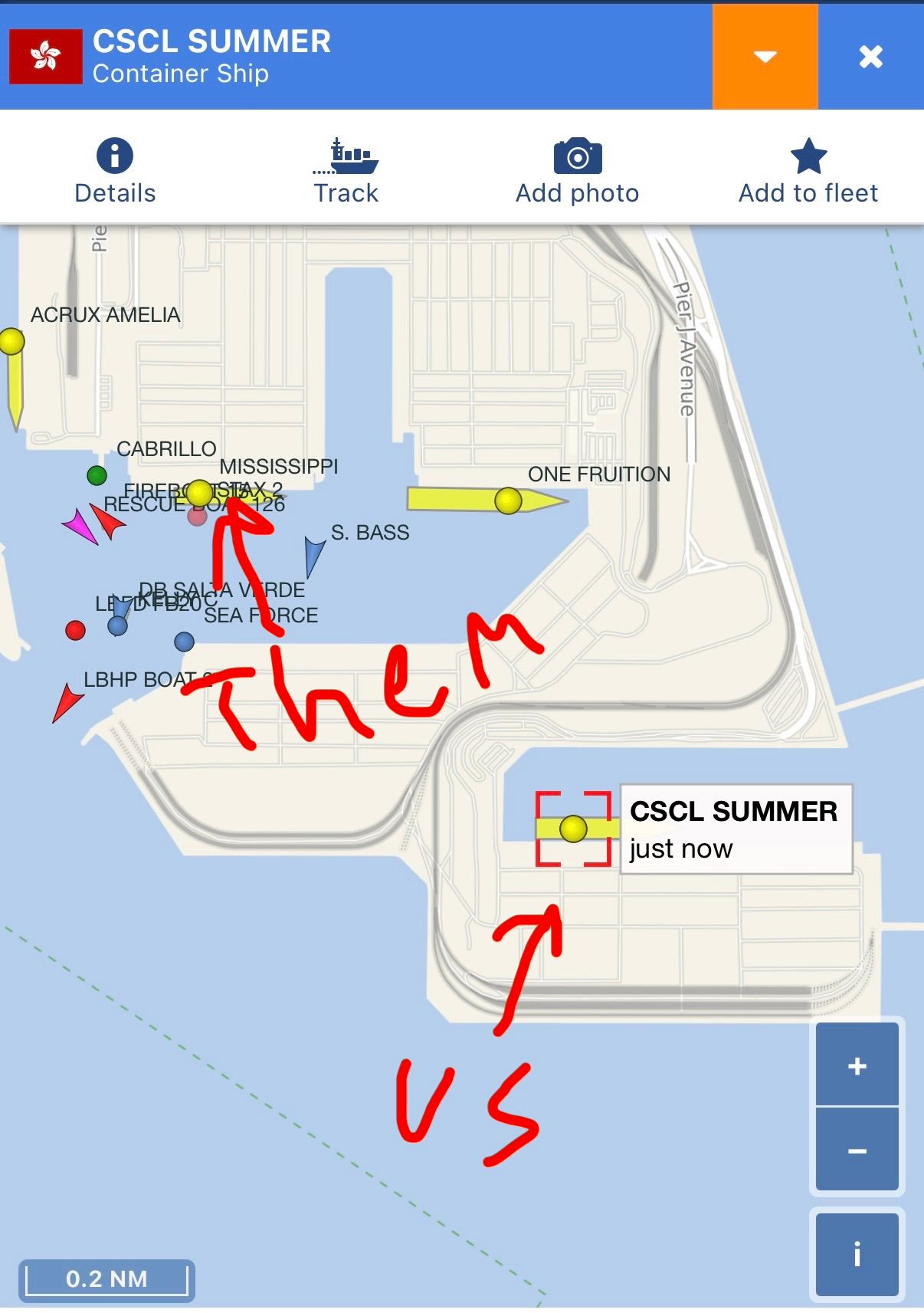 Screen shot showing how close our ship was to the ship that had an accident